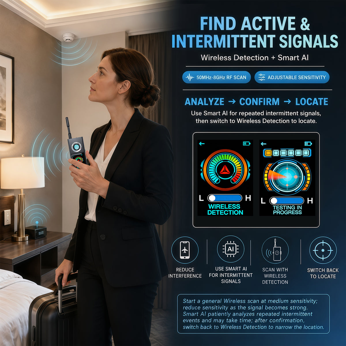 KAXYUYA F888 Hidden Camera Detector & GPS Tracker Finder, RF Signal Scanner with Magnetic & Infrared Detection for Home, Hotel, Car & Travel